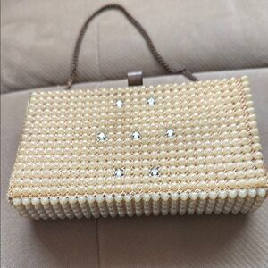 Vintage Cream/ Light Brown Beaded Wristlet with Crystal Accents